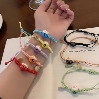 Keramik Katzenanhänger Maneki Neko Armband Handgefertigt Damen Handring Rotes Geflochtenes Seil Herren