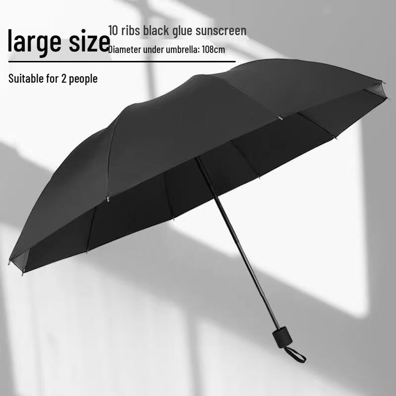 Extra Large 12-Rib Black Folding Umbrella - Heavy-Duty Three-Person Sun and Rain Protection with Custom Logo