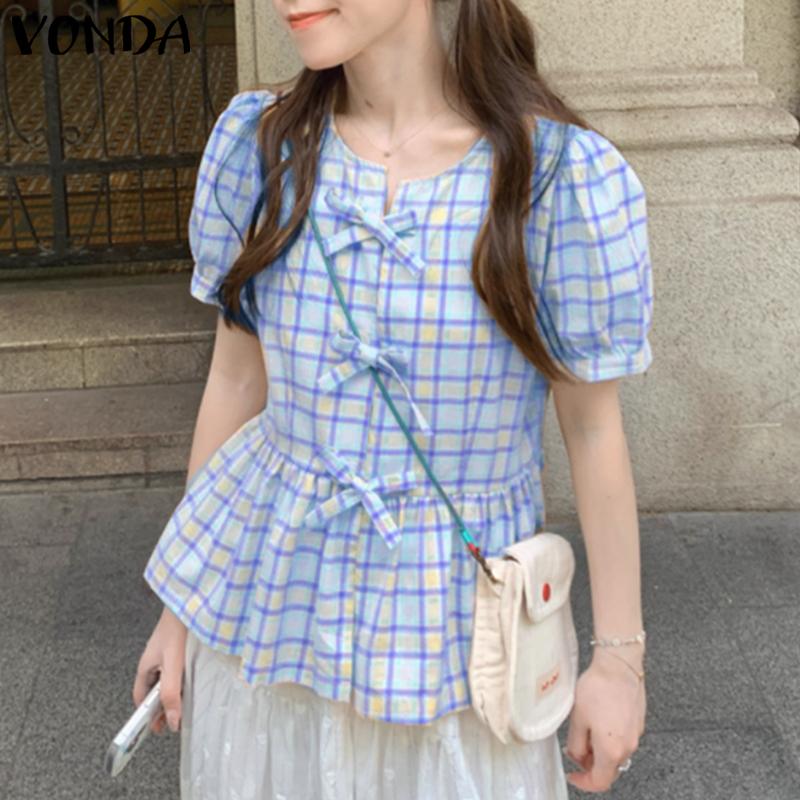 

VONDA Летние женские топы с коротким рукавом, бантом, оборками, в клетку, повседневные, милые блузки XL синий