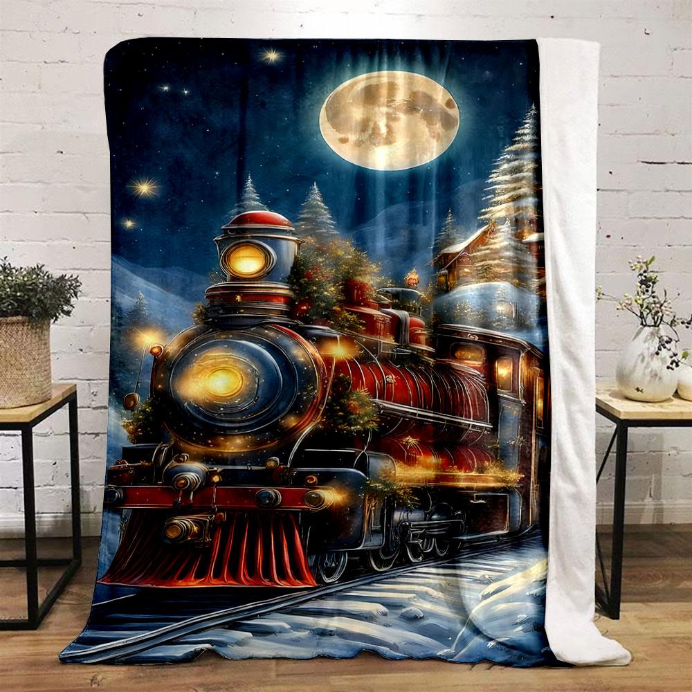 Christmas Train Snowy Night Blanket Bedroom Blanket for Livingroom Couch Lunch Break Soft Throw for Friend's Festival Gift