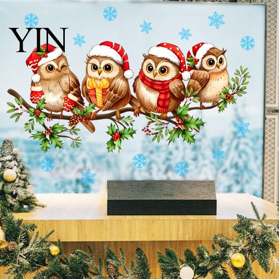 Window Glass Art 1/2 Sheets Christmas Cartoon Owl Cling, Standing on Branch Bird Theme Stickers Static Sticker, Removable Waterproof Decal,