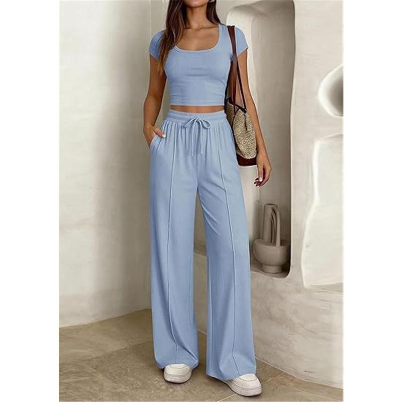 Women's 2-piece Square Neck Short Sleeved Crop Top&high Waist Wide Leg Pants Casual Set
