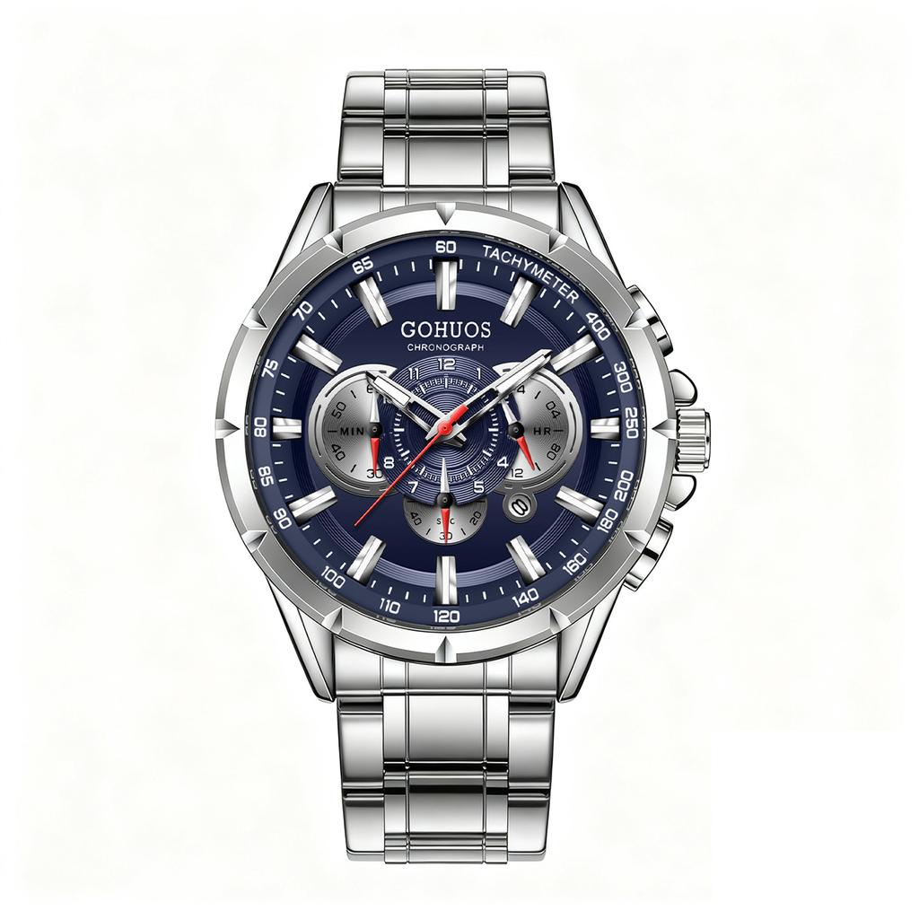 Gohuos 6003 Casual Sport Chronograph Men's Watches Stainless Steel Band Wristwatch Big Dial Quartz Clock with Luminous Pointers