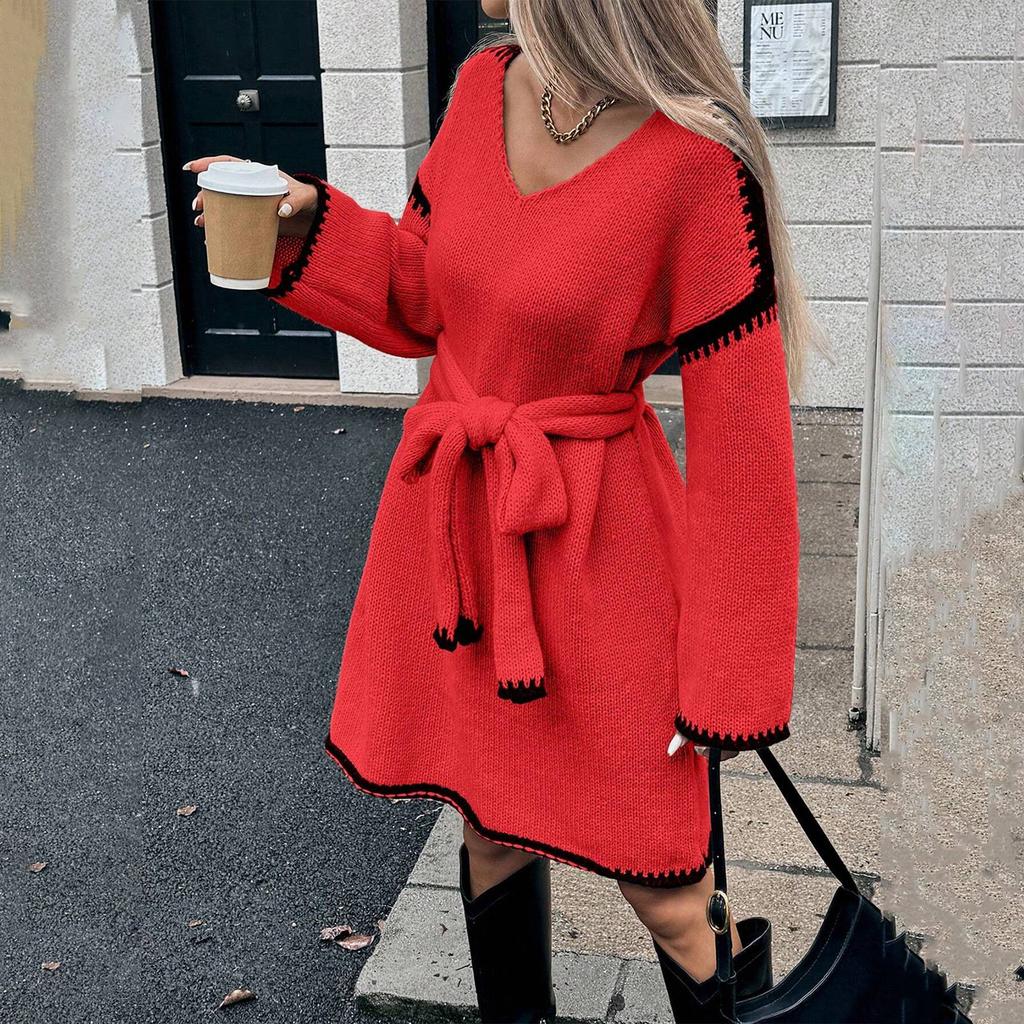 Women's Relaxed Fashionable Tie-waist Loose Knit V-neck Midi Dress