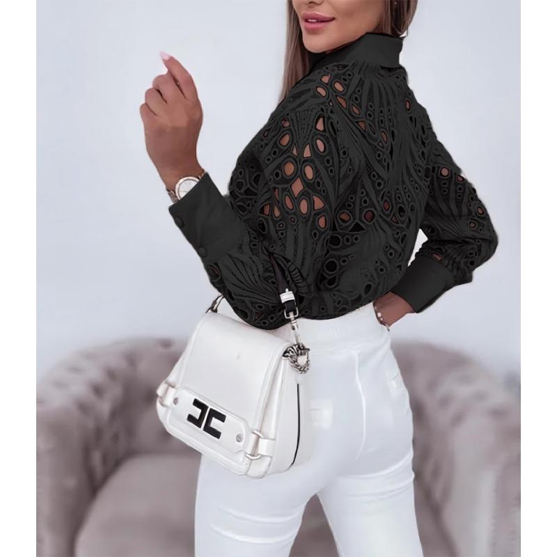 Fashion Lace Hollow Out Long Sleeve Office Shirt Women Spring and Autumn Loose Casual Versatile Commuter Blouse Lapel Simple Solid Color Clothing