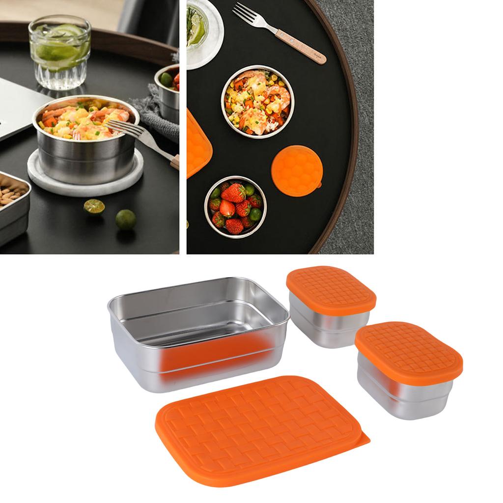 Stainless Steel Lunch Snack Containers Set 230ml 720ml Leakproof 304 Stainless Steel Food Containers with Orange Silicone Lids Lunch Box