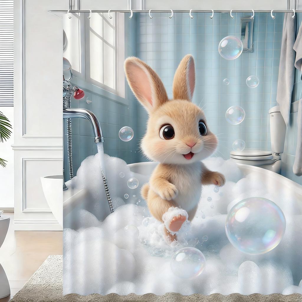 Cute 3D Cartoon Penguin Bathing with Bubbles Waterproof Shower Curtain - Fun Bathroom Decor
