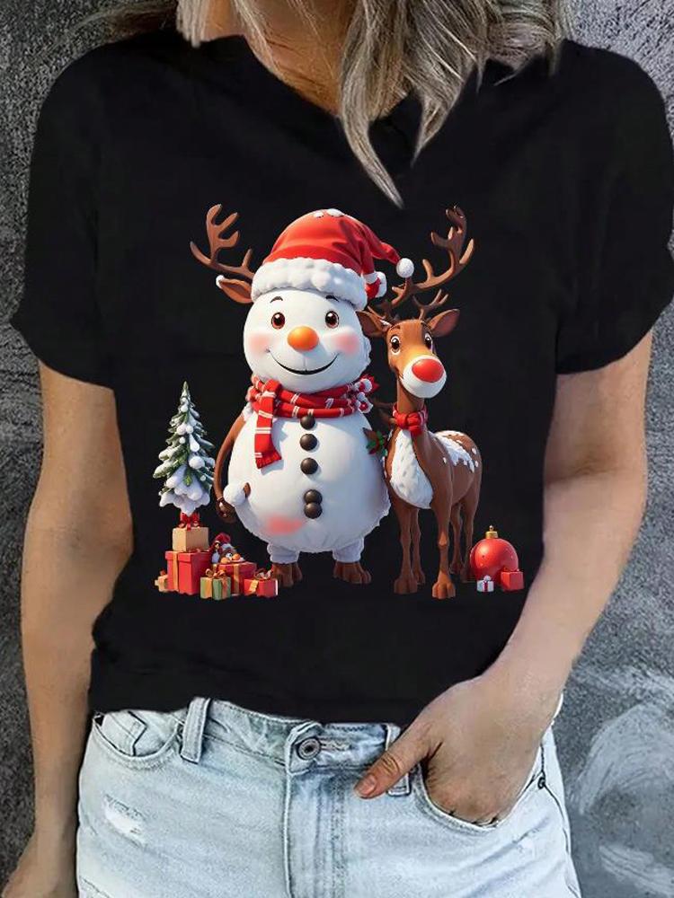 Christmas Women Casual T Shirt Cartoon Snowman Reindeer Christmas Tree Print Female Short Sleeve T-Shirt Urban Style Printed