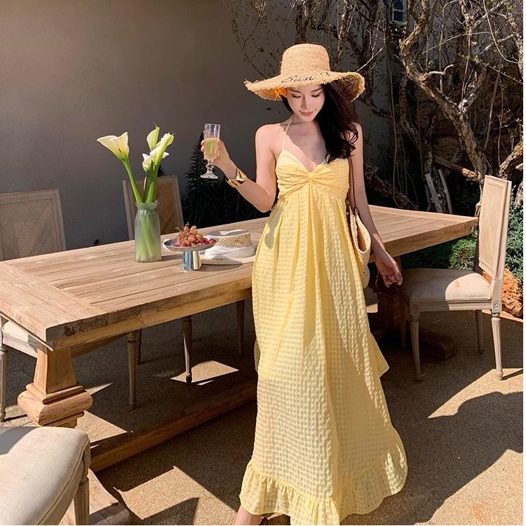 2026 Summer Light Yellow Plaid Backless Halter Dress - Island Beach Resort Style