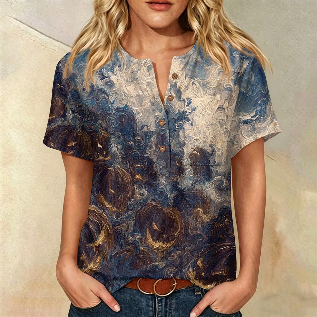 Women's Casual Short Sleeve Linen Cotton Blend Henley Shirt with Chest Pocket Halloween Themed Graphic Print