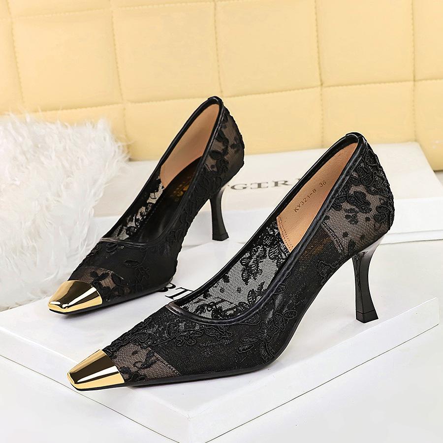 Fashion Summer Women Sexy 7cm High Heels Mesh Sandals Burgundy Pumps Lady Lace Breathable Scarpins Office Party Stripper Fetish Shoes
