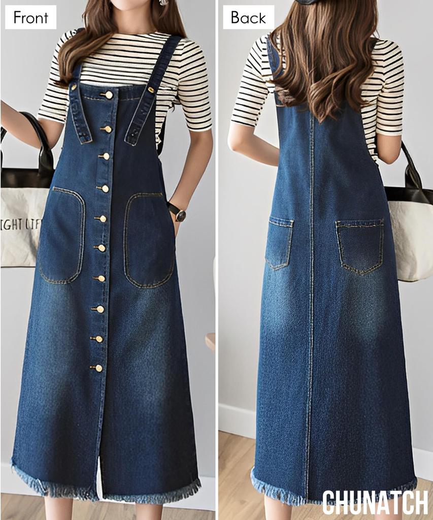 Chunachi Denim Overalls Dress American Plus Sky Plus Denim All Loose Overall Skirt Skirt, Below-the-Knee, Button-Front, Women's, Stylish, Dress-Up,