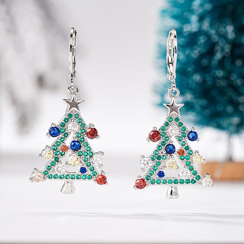 Huitan Creative Colorful Christmas Tree Drop Earrings for Women Shiny Fancy Cubic Zirconia Festival Charms Party