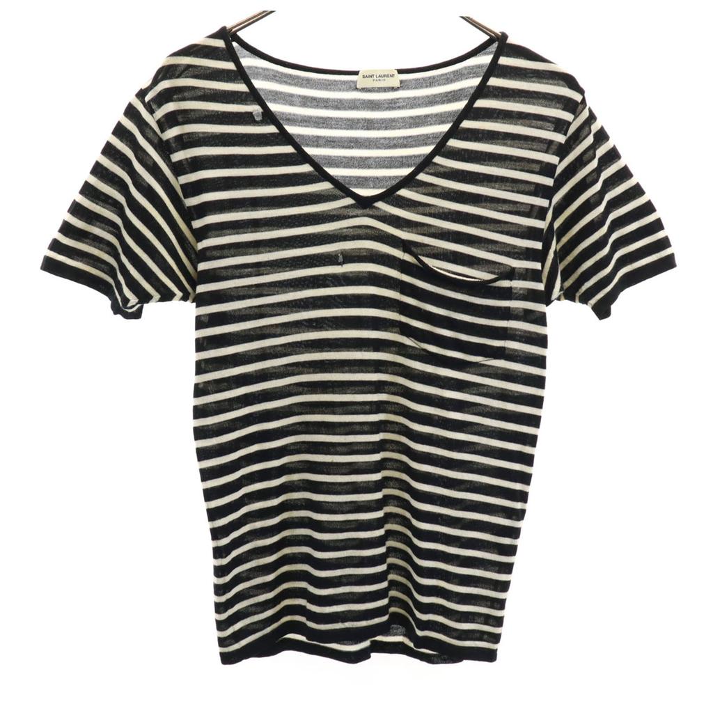 SAINT LAURENT made in Italy Border Pattern Short sleeve V neck knit XS Women Used