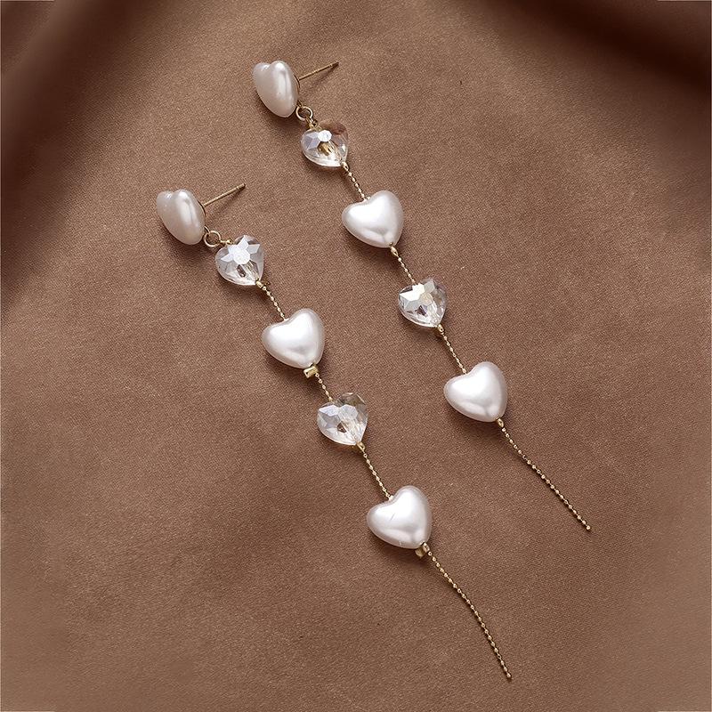

Silver needle artificial crystal pearl fringed long earrings temperament fashionable and elegant earrings