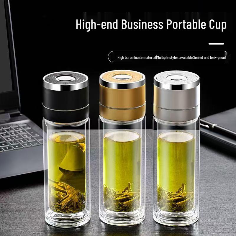 Portable Explosion-Proof Double-Layer Glass Cup with One-Button Open Lid for Tea Brewing - Insulated for Men and Women On Business Trips