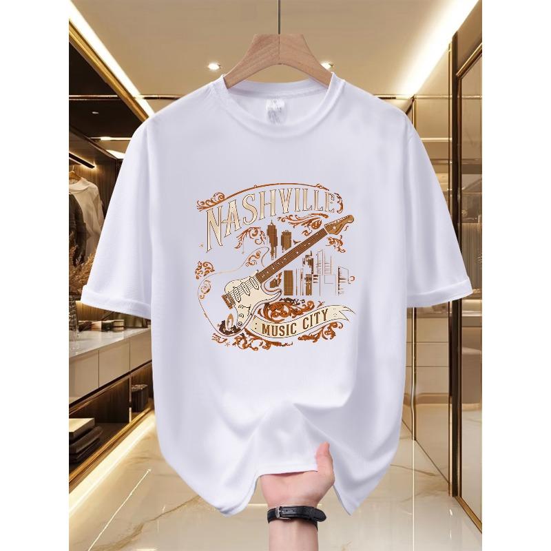 Men's Nashville Music City T-Shirt - Electric Guitar Print Crew Neck Short Sleeve, Soft Breathable, Casual Summer Tee
