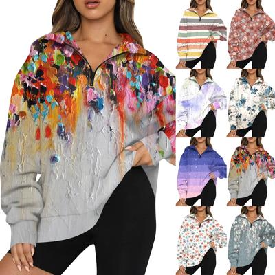 Women's Casual Fashion Long Sleeve Printing Zipper Hooded Sweatshirt Top