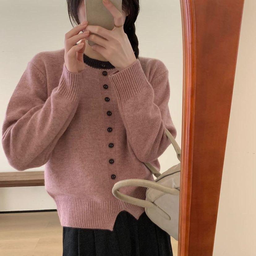 Single-breasted Knitted Sweater for Women Korean-style Round-neck Sweater Loose and Fashionable Long-sleeved Pullover for Women In Autumn and Winter