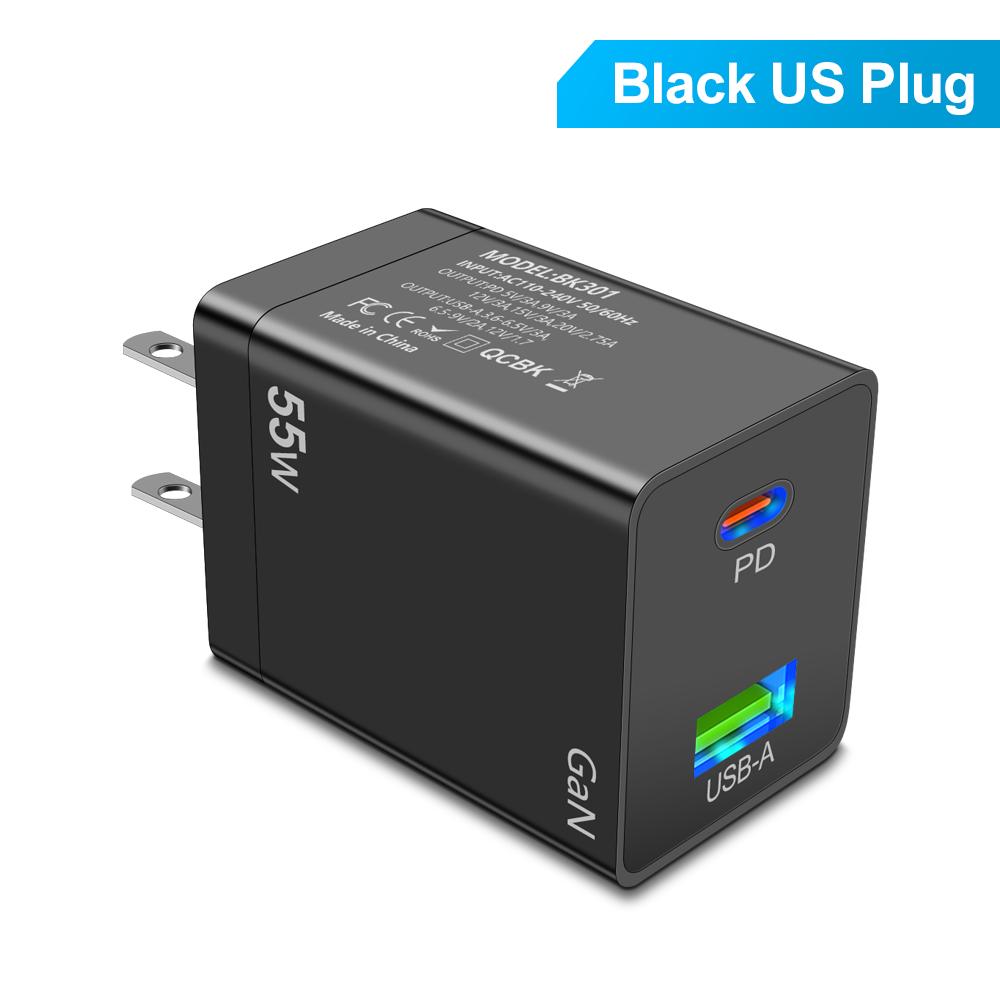 

Зарядное устройство GaN мощностью 55 Вт, быстрое зарядное устройство USB C Type C, высокоскоростное зарядное устройство для iPhone Pro, Xiaomi, Samsung, мобильного телефона, настенный адаптер US Plug чёрный