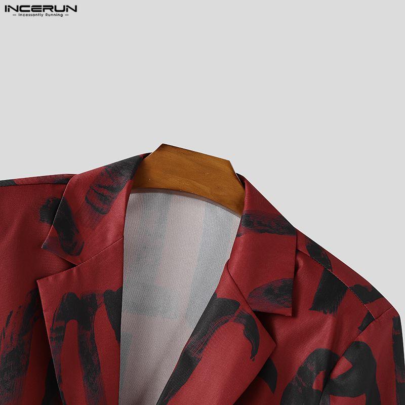 INCERUN Oversized Spring Men Lapel Neck Long Sleeve Print Button Thin Blazer Coats