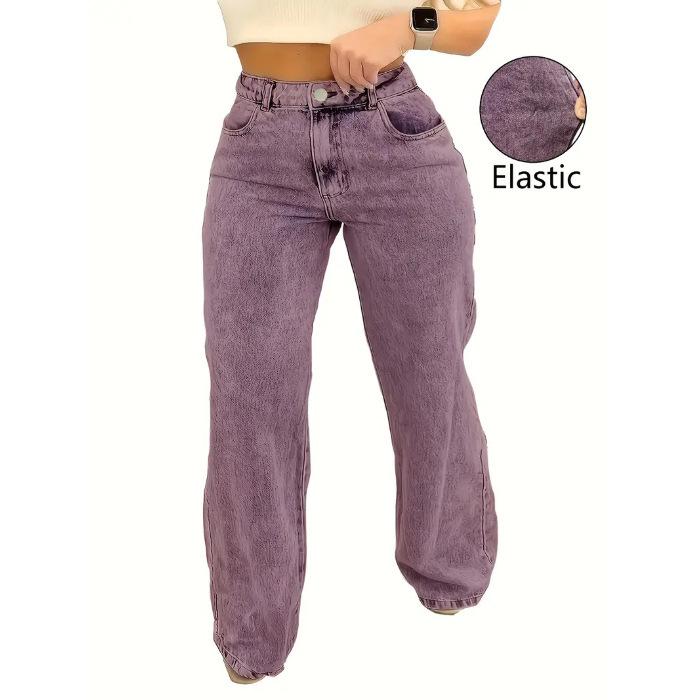 Plus Size Women s Purple Elastic Straight Jeans - Casual Washed Denim 4XL