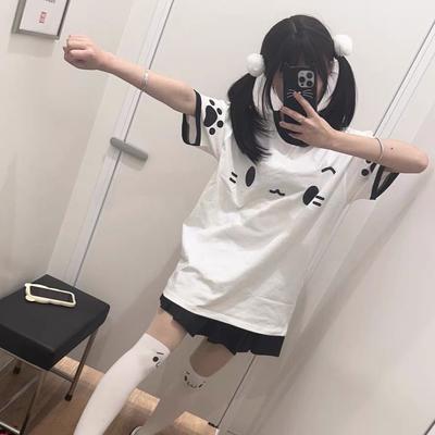 Kawaii Sweet Patchwork T-Shirts Women Japanese Fashion Y2k Harajuku Cute Cartoon Print Loose Tees Top Soft Gril