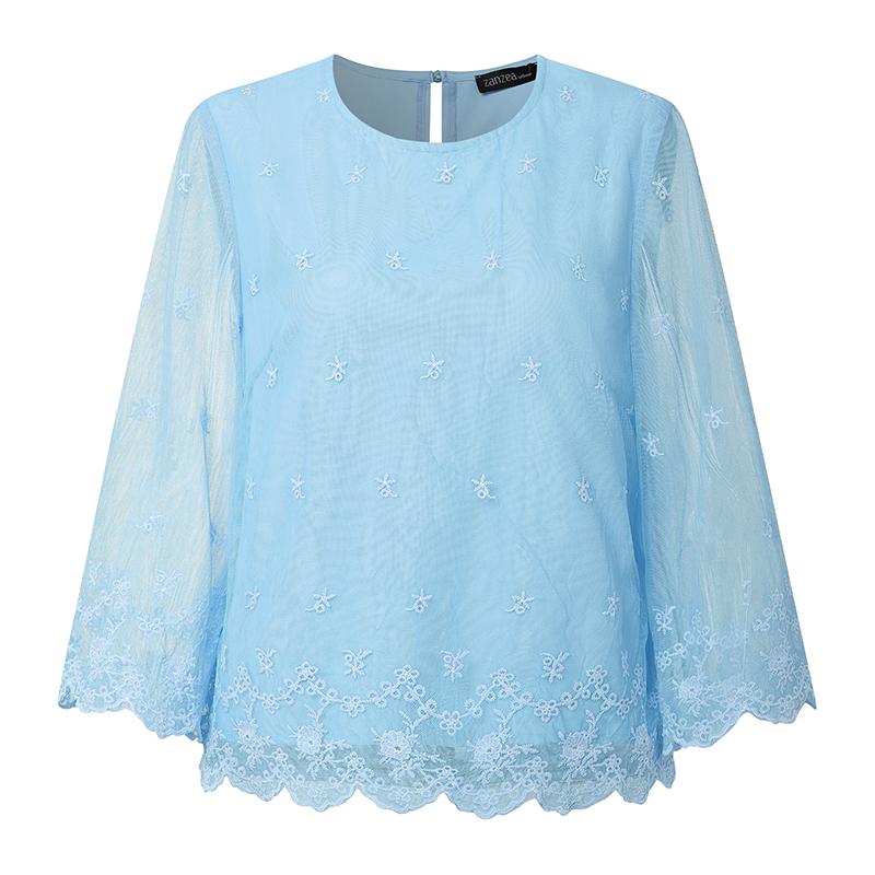ZANZEA Womens Casual Embroidery Lace Patchwork Loose 3/4 Sleeve Blouse