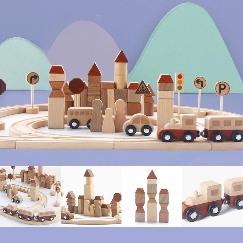 Wooden Electric Train Track & Car Building Blocks Set for Kids