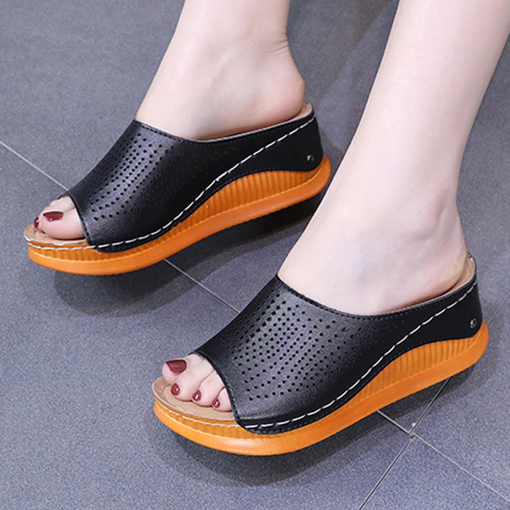 Women's Wedges Slippers Fashion Heeled Shoes Hollow Casual Fish Mouth Slippers