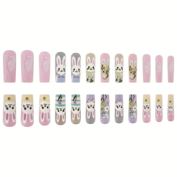 Square Press on Nail Medium Easter False Nail Full Cover Stick on Nail Cute Rabbit Acrylic Nail for Fashion Women 24Pcs