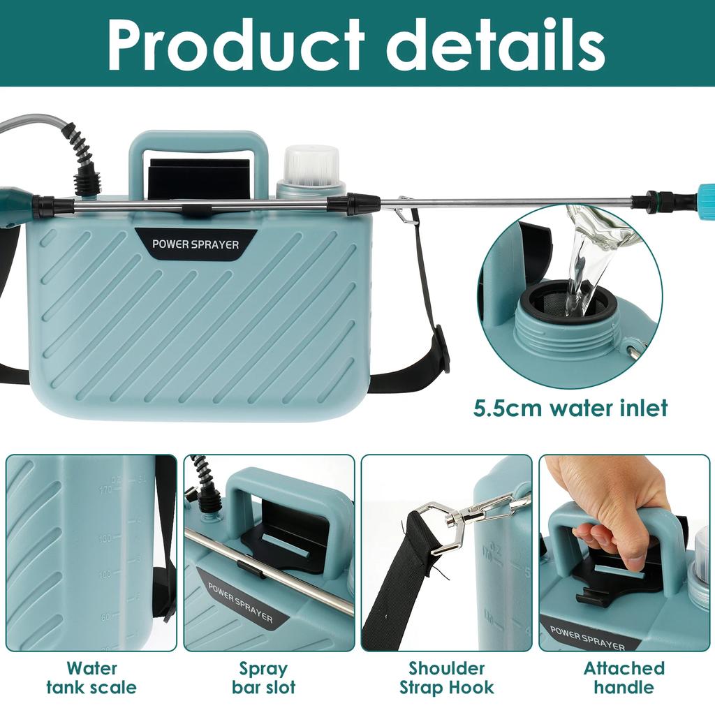 5L Battery Powered Sprayer with 3 Mist Nozzles Portable Sprayer with Adjustable Shoulder Strap USB Rechargeable Irrigation Tool