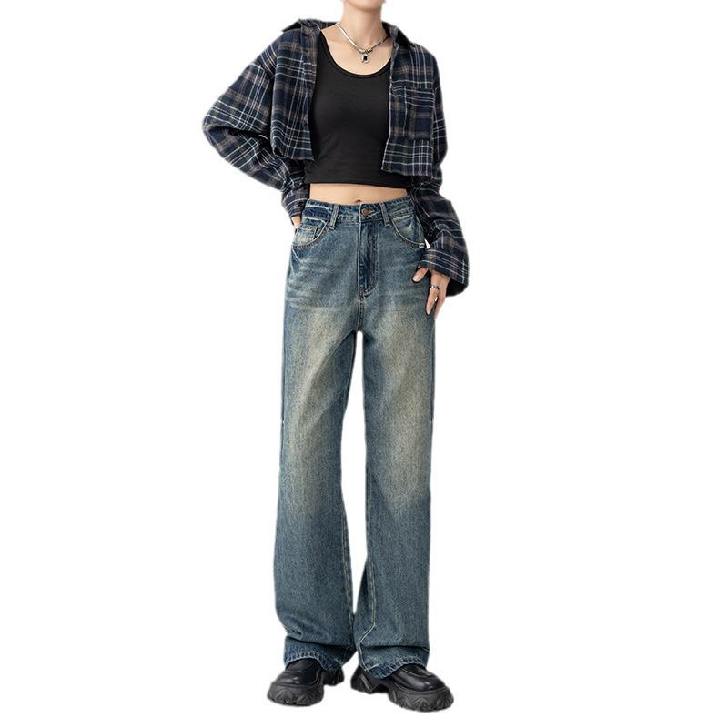 Women's High-Waist Retro Blue Wide-Leg Jeans - 2025 Summer Slim Straight Fit