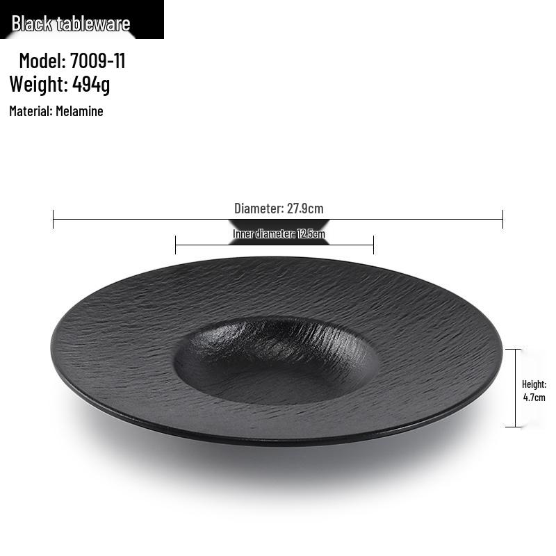 Melamine Black Round Plate for Pasta, Steak, Hot Pot, BBQ, and Tableware