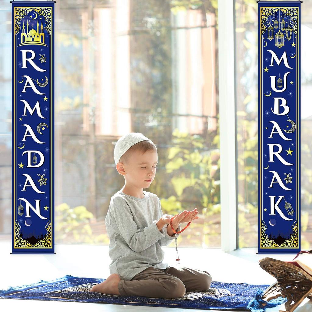Blulu Ramadan Mubarak Door Banner Ramadan Porch Sign Banner Eid Mubarak Decoration Muslim Hanging Door Decoration for Indoor Outdoor Decor Eid