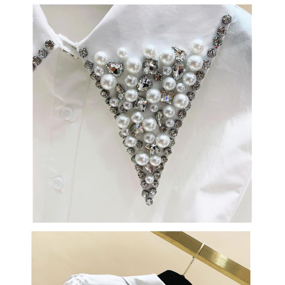 Luxury Embroidered Flares Diamonds Doll Collar Women Spring New Loose Lapel Collar Long Sleeved Solid Color Comfortable Shirt