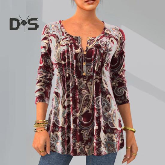 Women Fall Spring Top Vintage Print Round Neck Long Sleeve Button Mid Length A line Soft Pullover Lady Daily Blouse T shirt