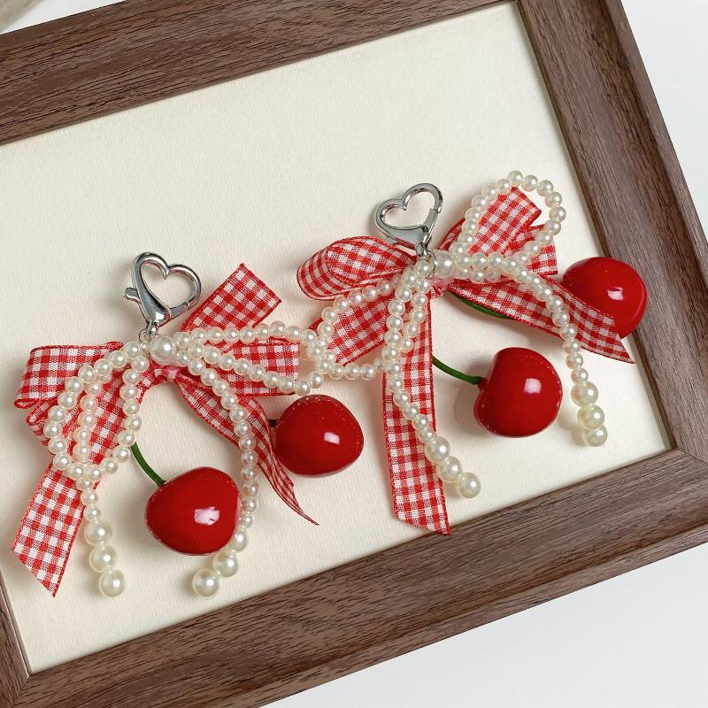 Kersen Ruit Strik Sleutelhanger Parel Kant Bedel Hanger Sleutelhanger Sieraden Voor Meisje Vrouwen Cadeautas Decoratie