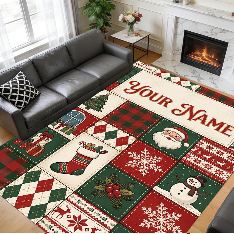 Christmas Custom Name Printed Square Area Rug Soft Non Slip Floor Carpet For Bedroom Holiday Gift