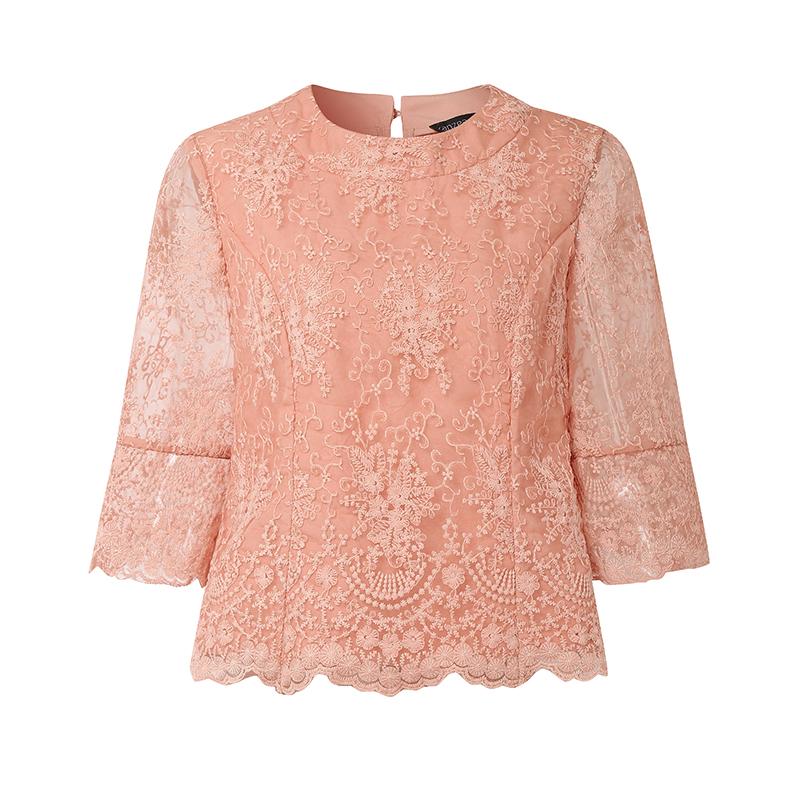 ZANZEA Women Casual Round Neck 3/4 Sleeve Loose Lace Patchwork Blouse