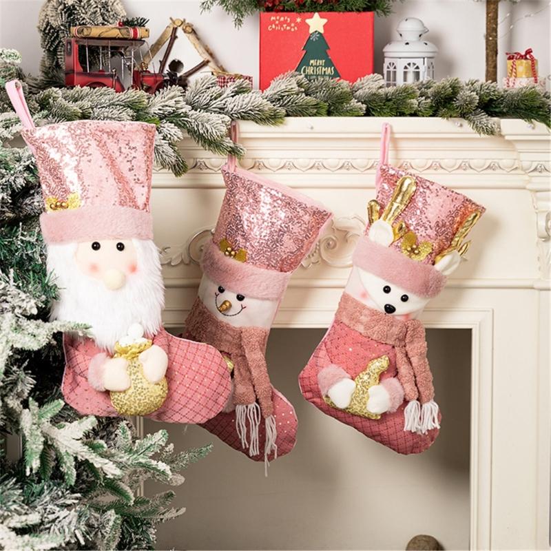 Pink Sequins Christmas Stocking Elegant Pink Glittering Christmas Stocking Durable Plush Fabric Home Decoration