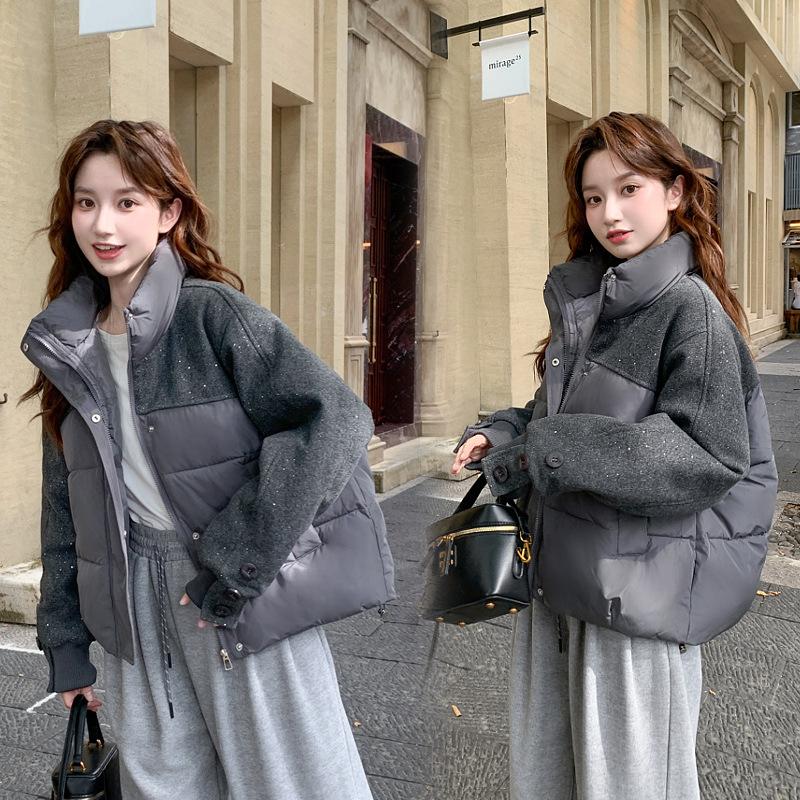 Sequin Stitching Collar Short Winter Warm Cotton-padded Jacket
