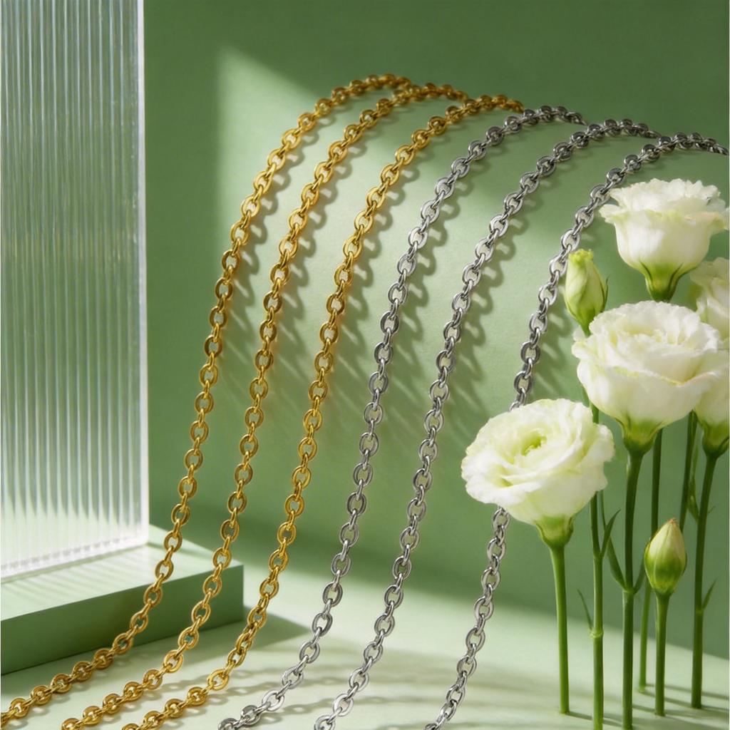 2.4mm Stainless Steel Rolo Chain Necklace 18K Gold Plated Flat O-Chains Necklaces Jewelry Making Findings Supplies Wholesale