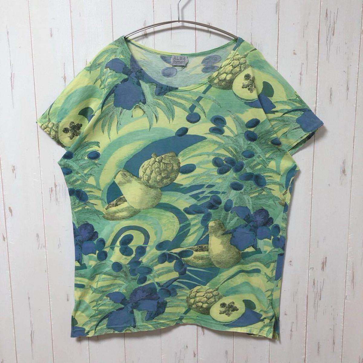 ALBA fornari T-shirt ladies allover pattern botanical tropical vintage clothing XL equivalent large size cotton imported