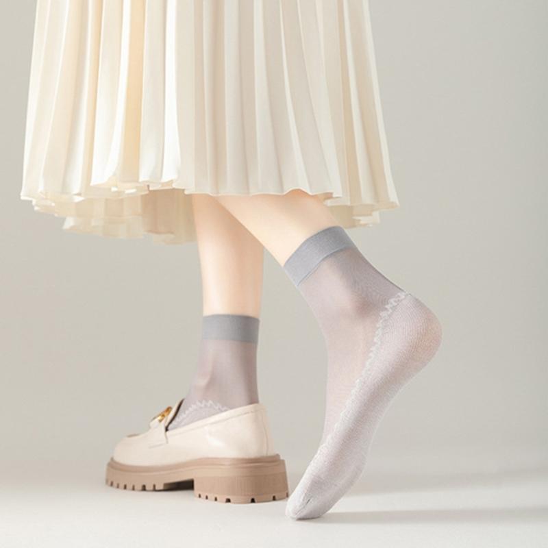 10 Pairs Women Slip-Resistant Cotton Soles Transparent Medium Tube Silk Socks