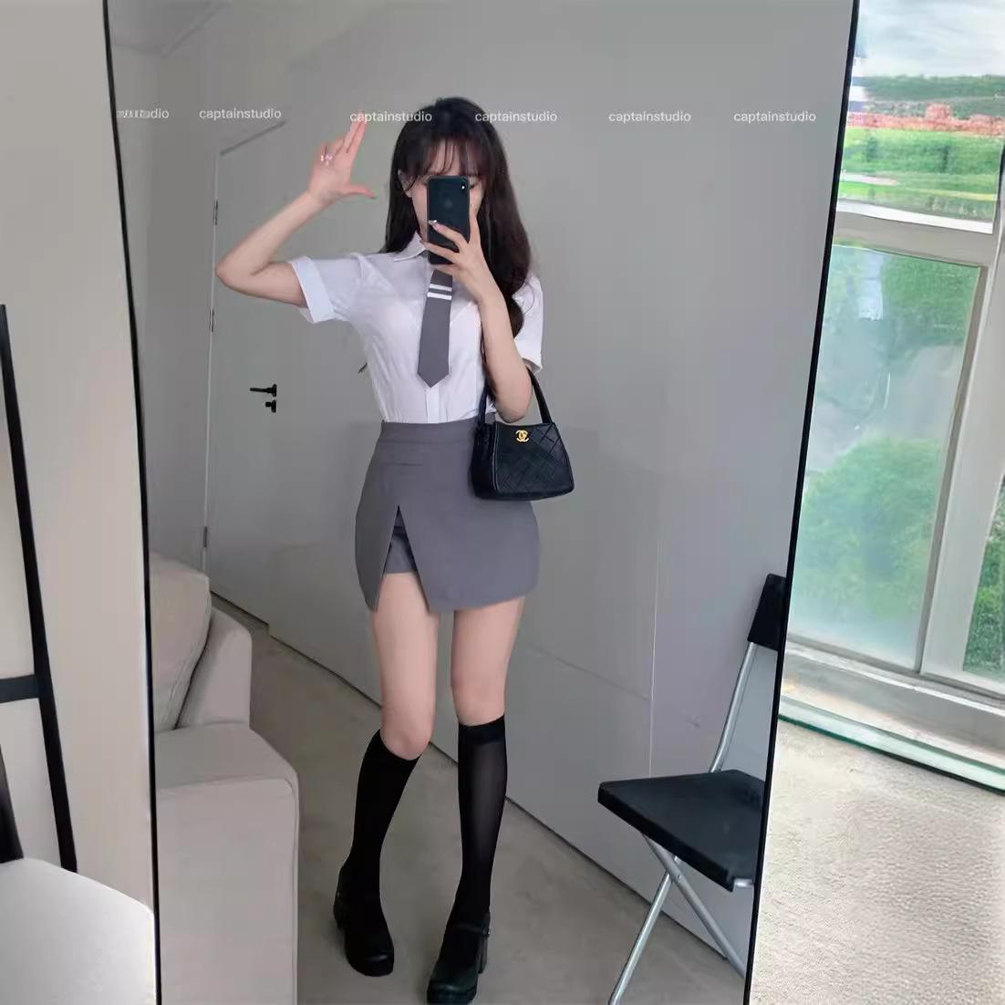 

2024 Slimming A-line High Waist Irregular Slit Skirt L серый