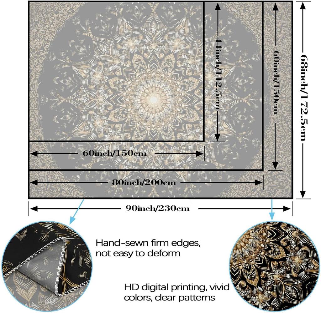 Black & Gold Mandala Tapestry, Elegant Wall Hanging with Intricate Golden Floral Pattern On Black Background, for Bedroom Decor