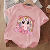 Girls Crewneck Short Sleeve Tee, Cat & Rainbow Print Trendy Soft Casual Top