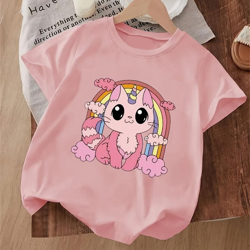 Girls Crewneck Short Sleeve Tee, Cat & Rainbow Print Trendy Soft Casual Top