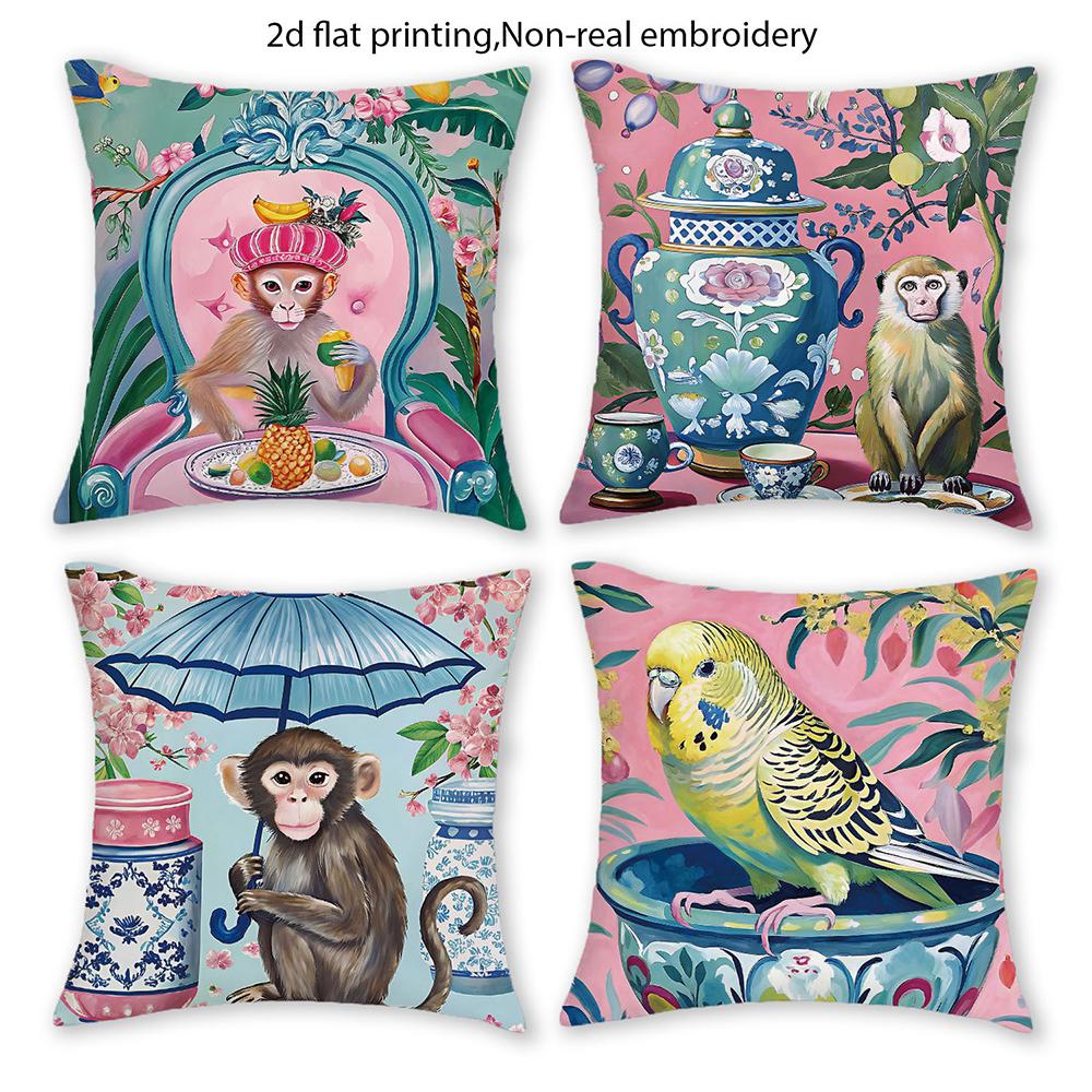 Jmg Clothing Unisex Blue 1/4Pcs 2D Flat- Chinoiserie Monkey Holding Umbrella Decorative Throw Pillow Cover Home Outdoor Decoration Cushion Cover